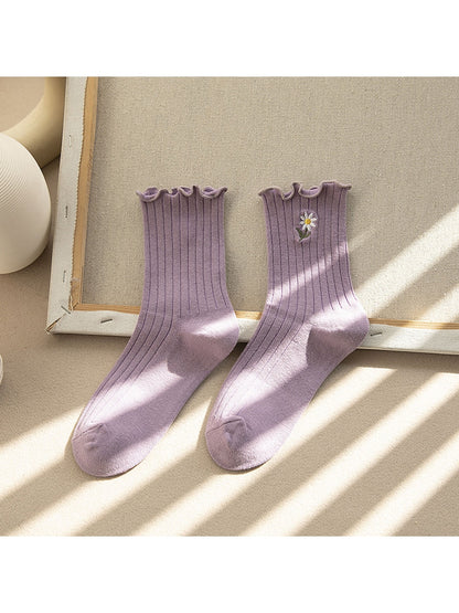 Rufia - Ruffle Trim Flower Embroidery Crew Socks