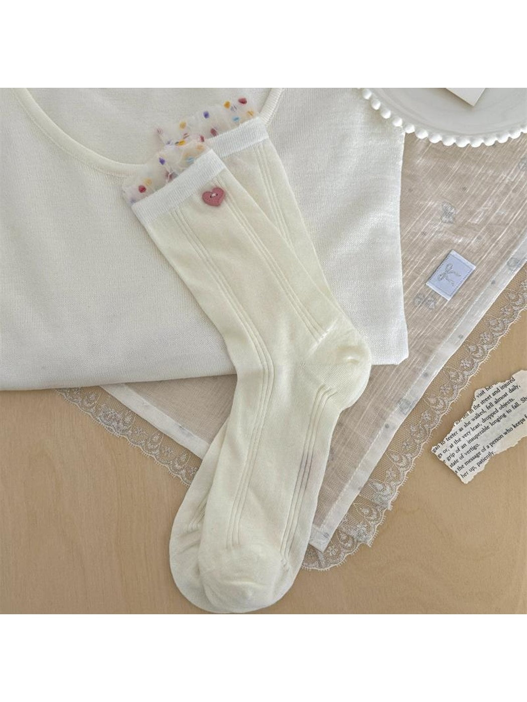 Rufia - Cute Dot Pattern White Crew Socks