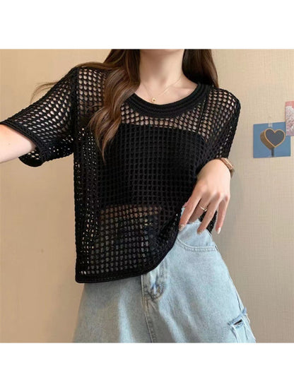 Crosa - Round Neck Hollow Out Knit Pullover Top