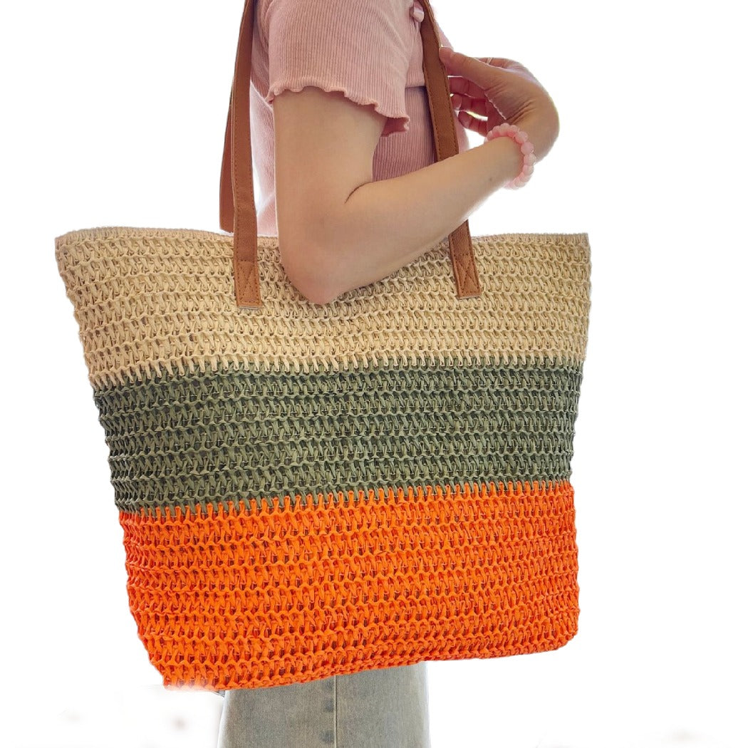 Cosbai - Colorblock Striped Crochet Tote Bag - Large & Classic