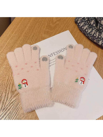 Gloving - Snowman Embroidered Plush Cuff Winter Gloves