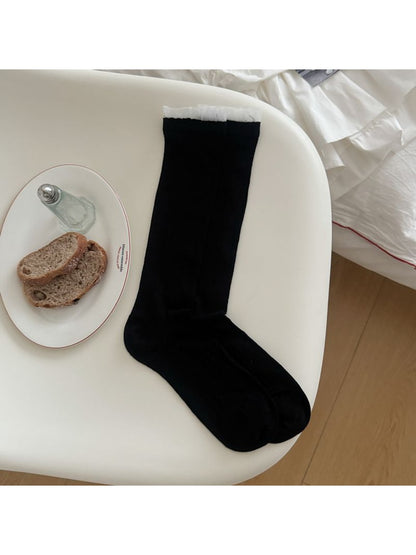 Rufia - Elegant Solid Color Ribbed Openwork Mid-calf Socks
