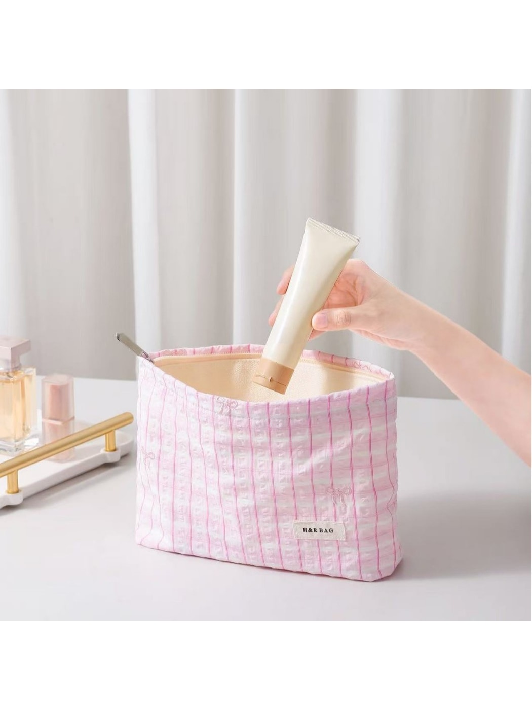 Cosbai - Striped Bow Embroidered Women's Cosmetic Bag