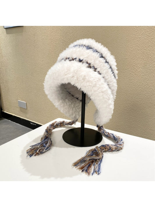 Haila - Plush & Heavyweight Color-Block Earflap Beanie with Tassels