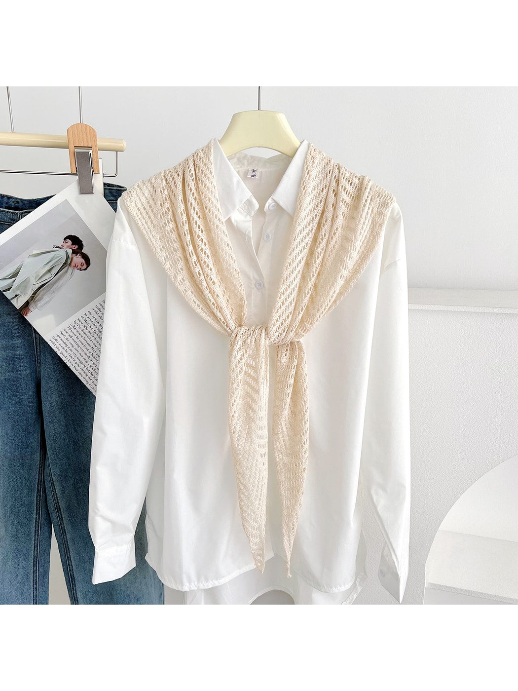 Scarvii - Openwork Knit Solid Color Triangle Scarf