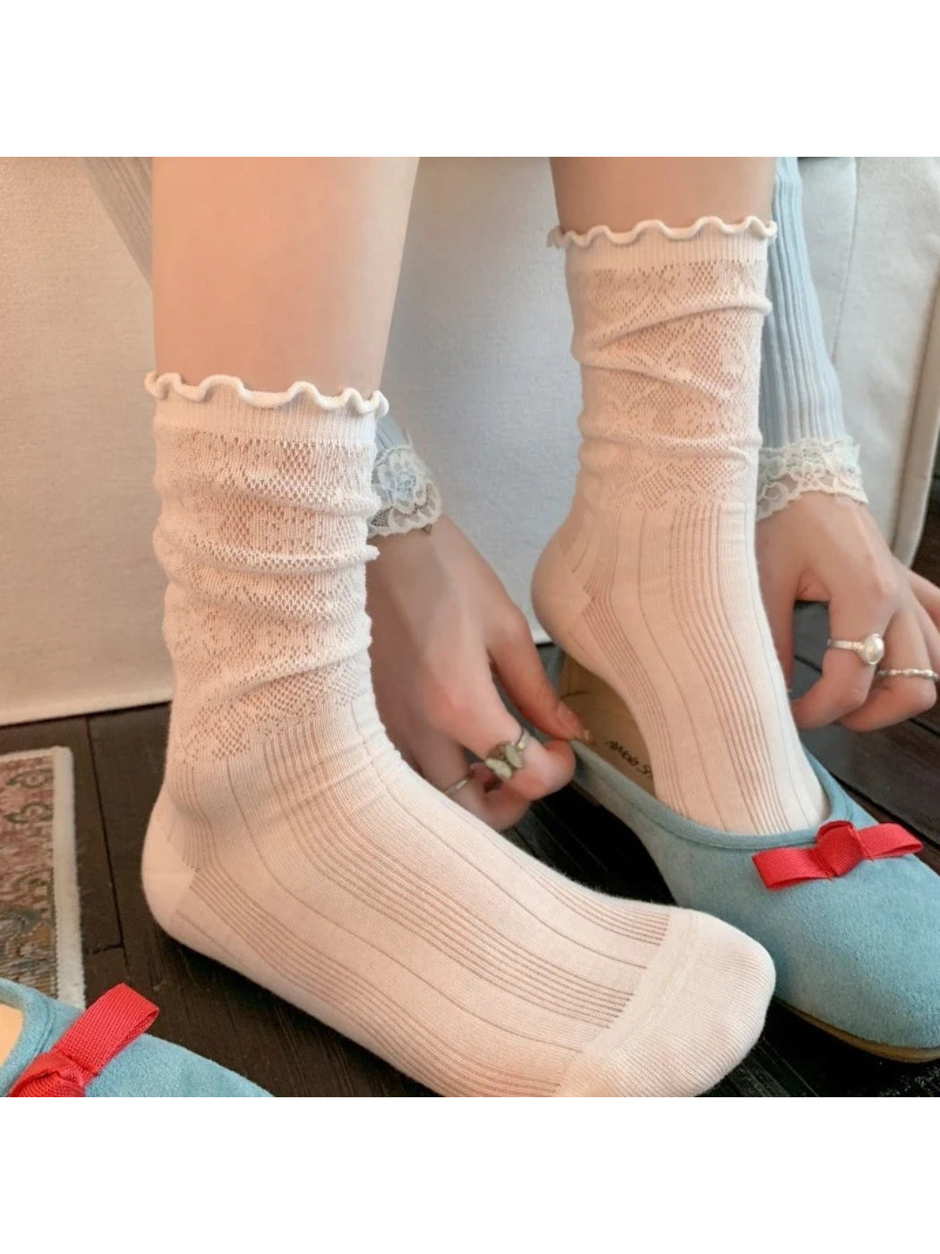Rufia - Floral Sheer Ruffle-Cuff Crew Socks