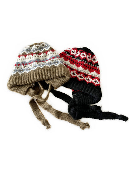 Haila - Bohemian Knitted Beanie with Earflaps & Tasseled Ties