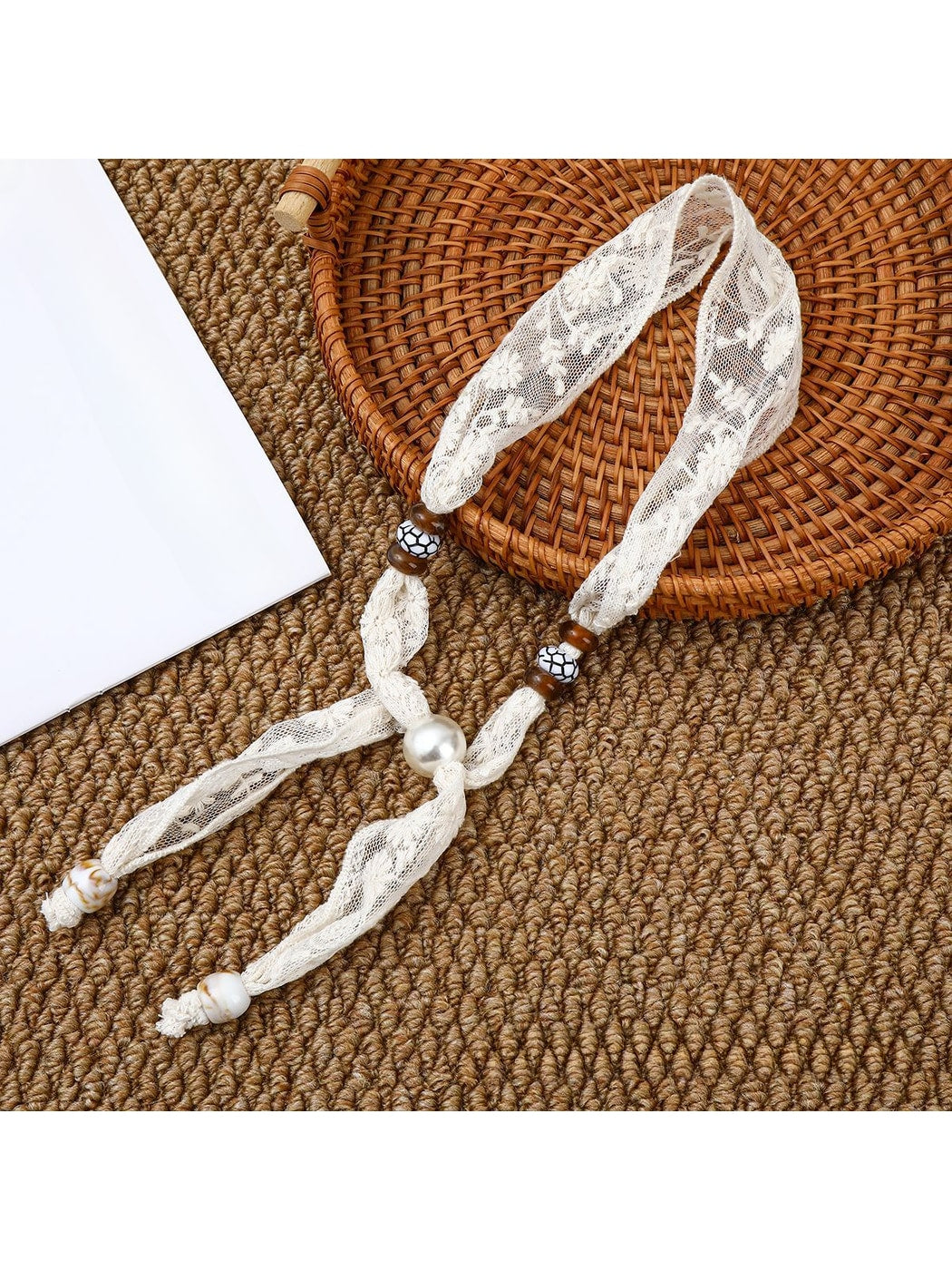 Scarvii - Lace Floral Print with Bead Detail Narrow Scarf