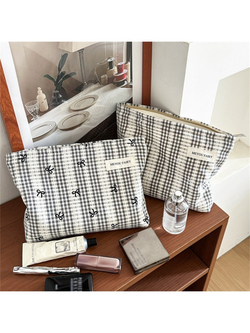 Cosbai gingham bow makeup pouch in black and white check pattern