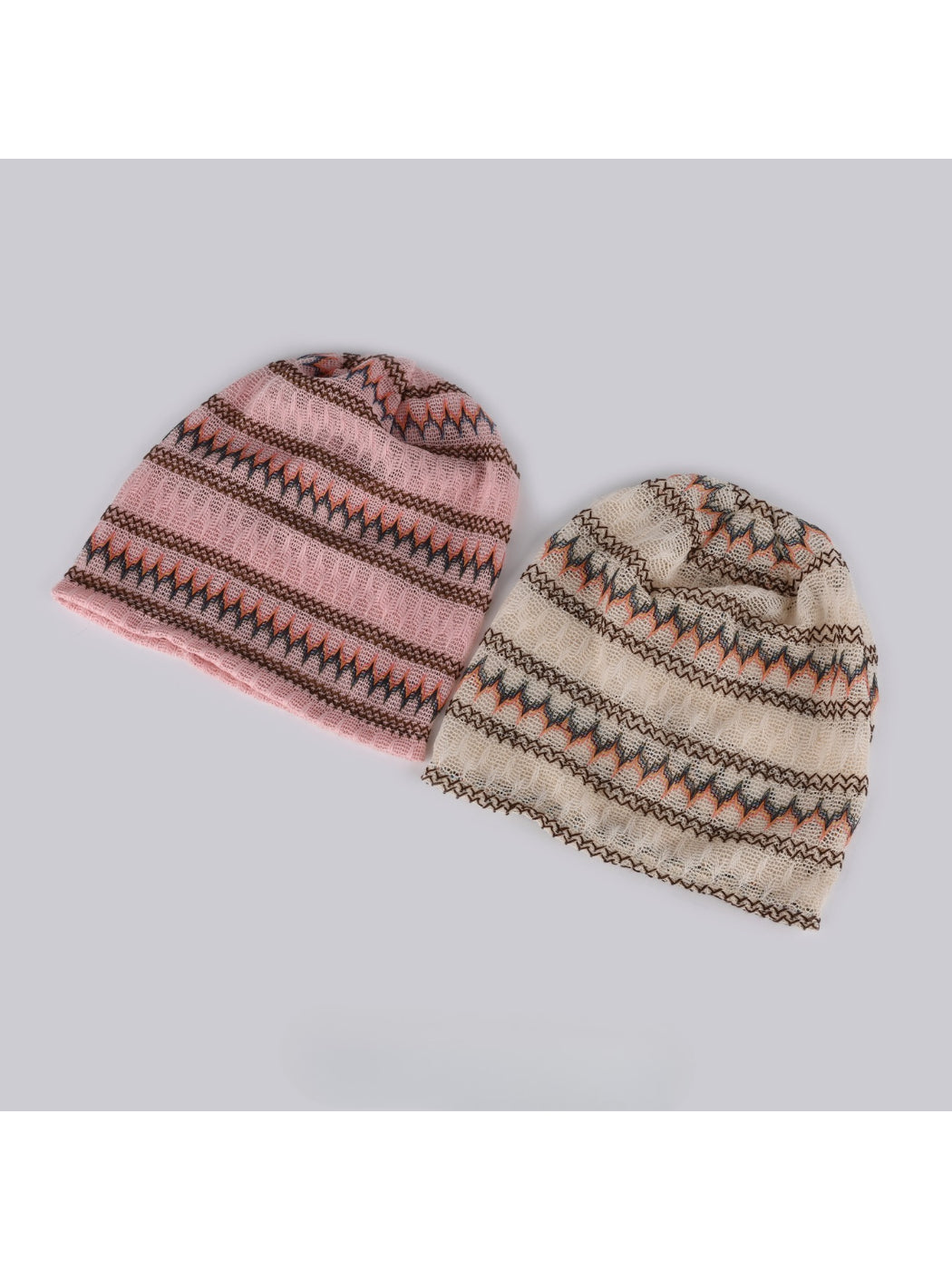 Haila hollow out knit vintage slouchy beanie in light beige displayed on white background