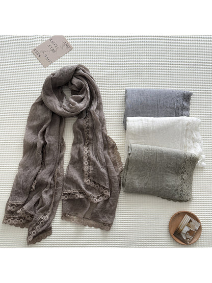 Scarvii - Lace Trim Crinkle Long Scarf