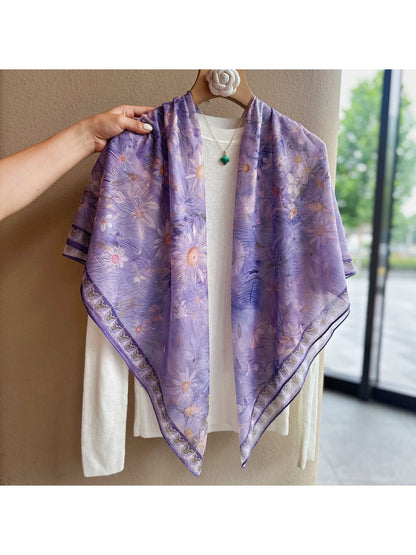 Scarvii - Soft Purple Daisy Floral Print Square Scarf