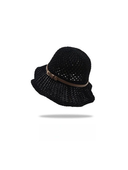 Haila - Solid Color Wide Brim Belt Decoration Bucket Hat