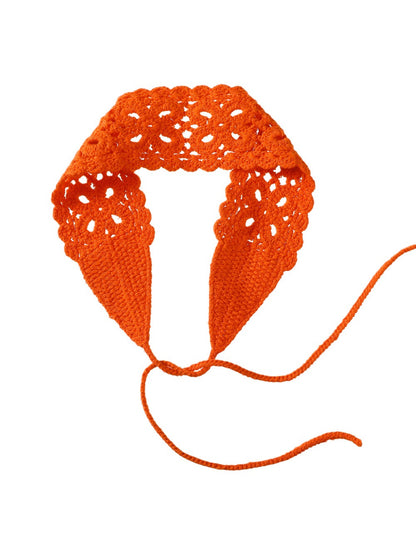 Scarvii crochet lace knit headband styled with casual outfit on model