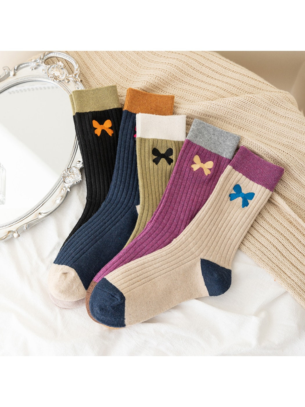 Rufia - Preppy Embroidery Bow Color Block Crew Socks