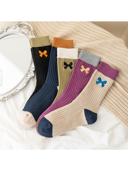 Rufia - Preppy Embroidery Bow Color Block Crew Socks