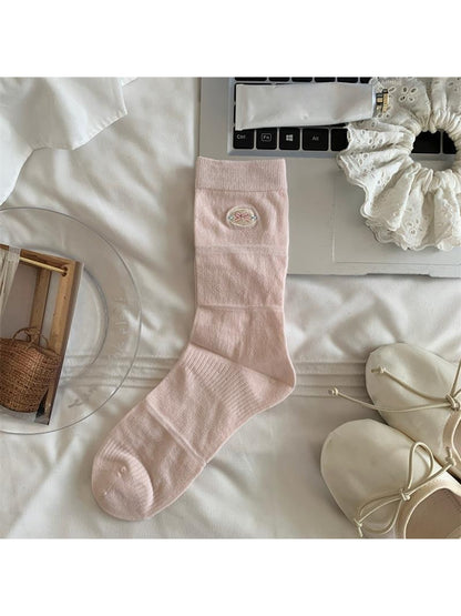 Rufia - Bow Embroidered Solid Color Crew Socks