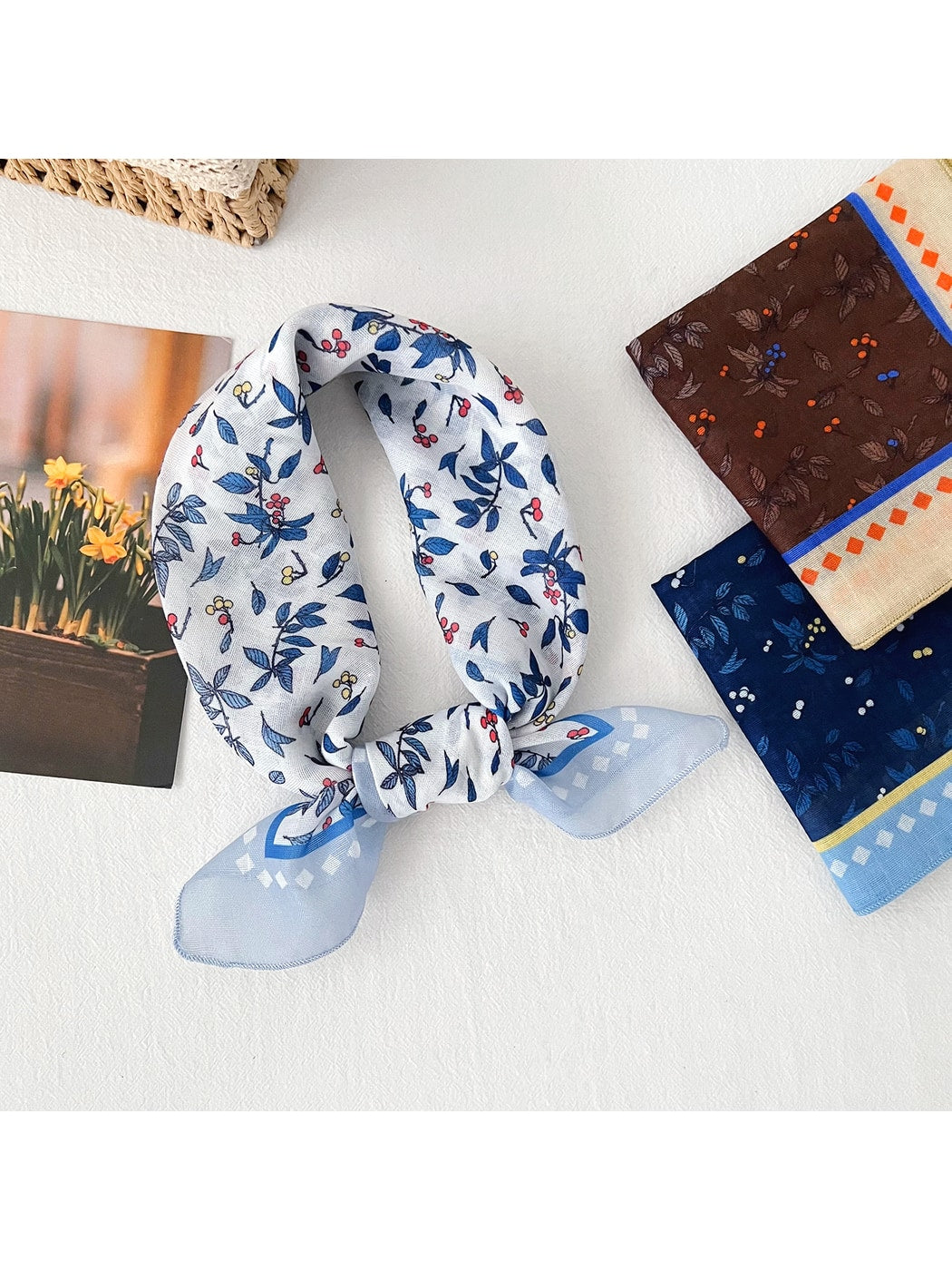 Scarvii - Botanical Print Contrast Border Square Scarf