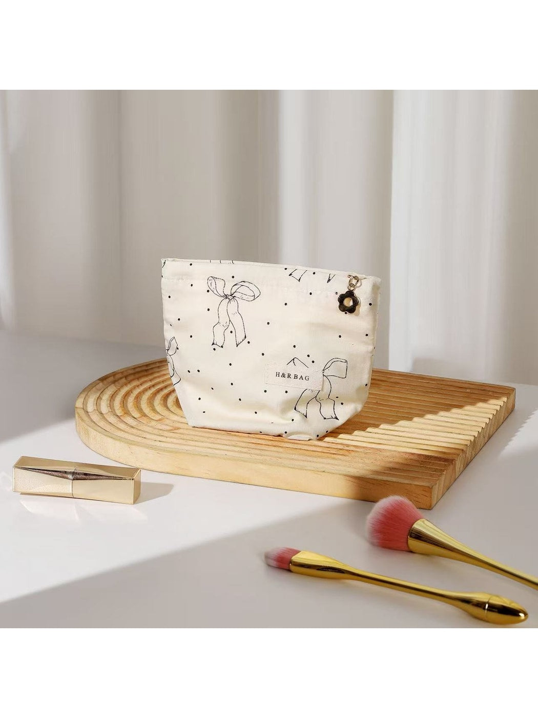 Cosbai - Polka Dot Bow Handheld Makeup Bag Pouch