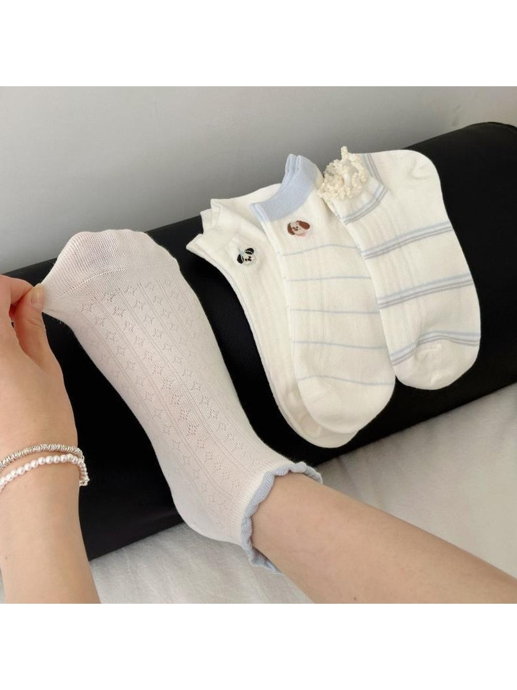 Rufia - Cartoon Dog Embroidered Striped Ankle Socks