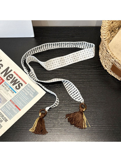 Scarvii - Tassel Decoration Square Dots Narrow Scarf