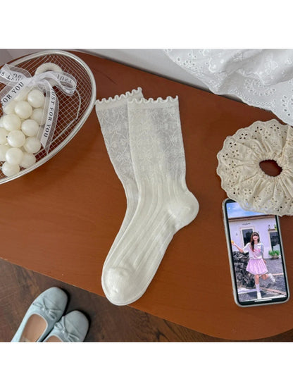 Rufia - Floral Sheer Ruffle-Cuff Crew Socks