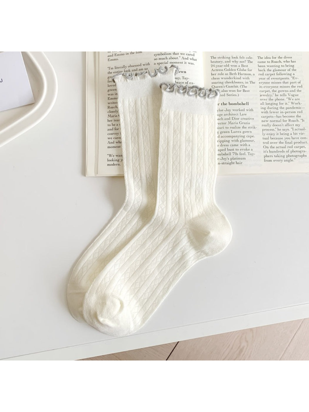 Rufia - Pastel Ruffle Edge Cable Knit Crew Socks