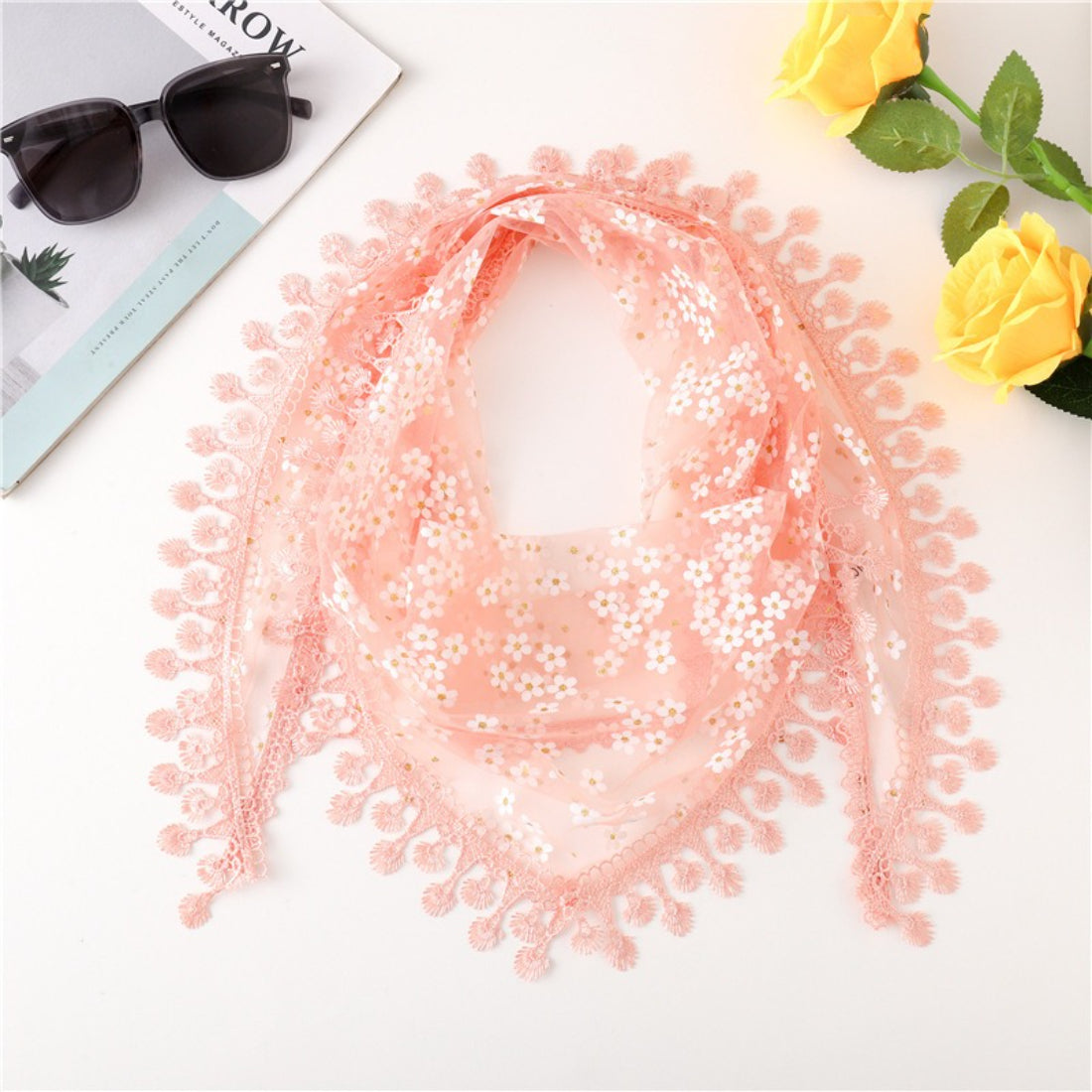 Model wearing Haila Daisy Lace Triangle Veil Scarf outdoors showcasing lightweight lace fabric