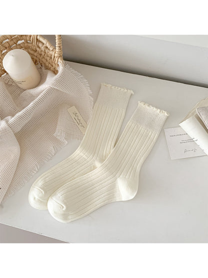 Rufia - Solid Color Ribbed Mid-Calf Socks