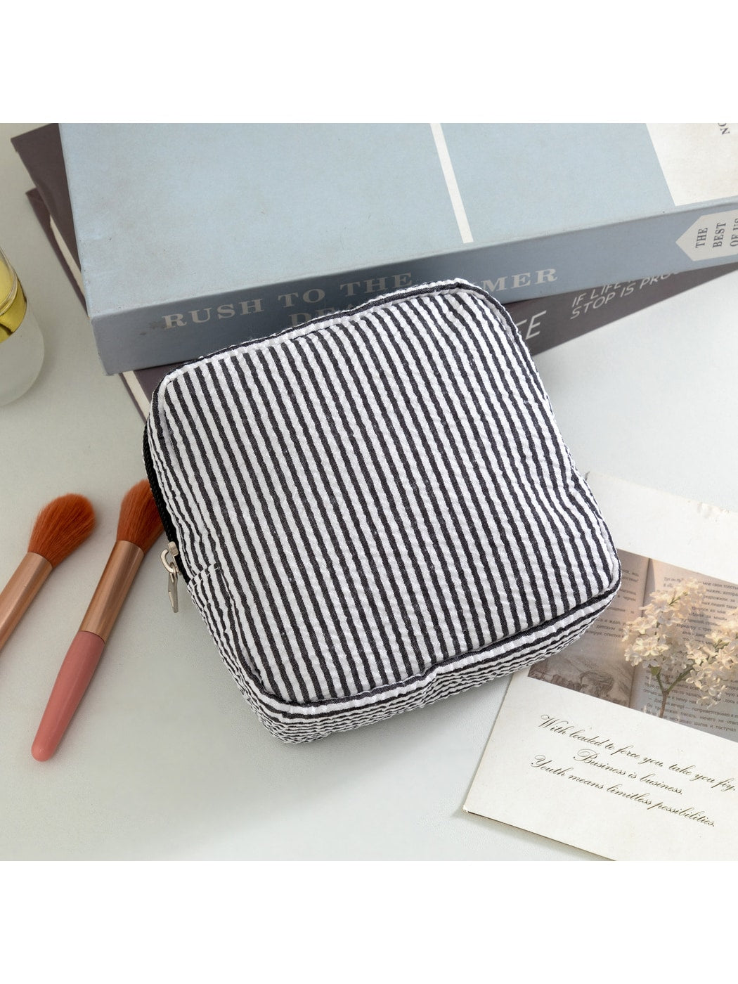 Cosbai - Pinstripes Zipper Cosmetic Organizer Bag