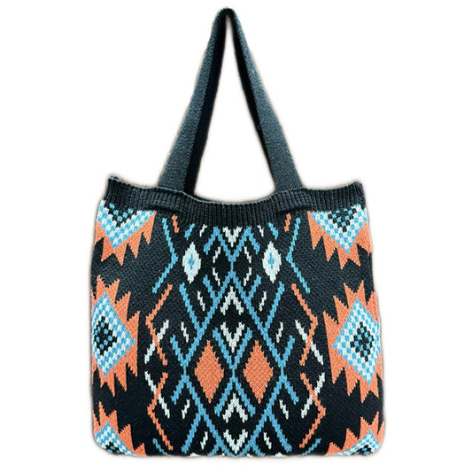 Cosbai - Boho Chic Geometric Shoulder Bag - Beige / Black
