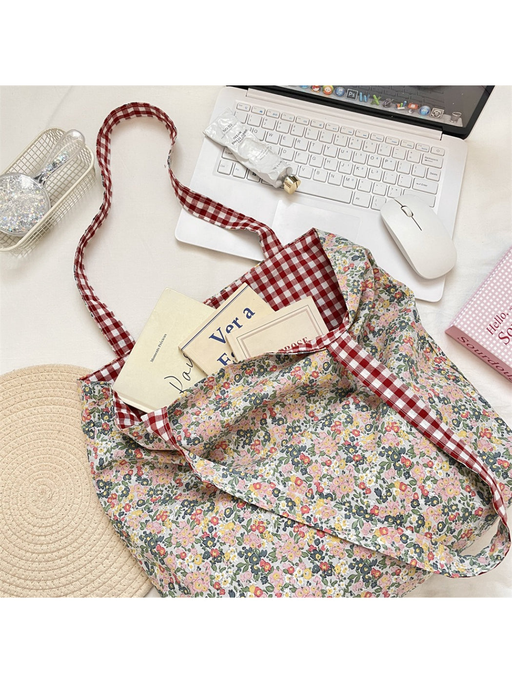 Cosbai - Reversible Gingham Floral Shoulder Bag