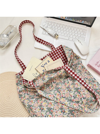 Cosbai - Reversible Gingham Floral Shoulder Bag