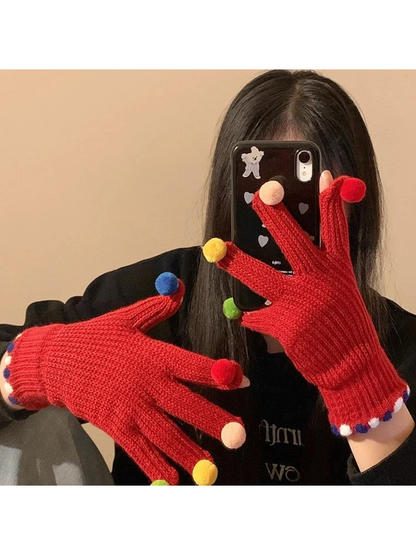 Gloving - Multicolor Pom-Pom Ribbed Gloves