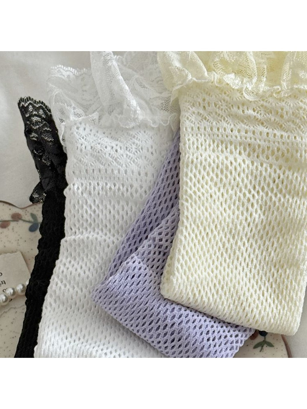 Rufia - Decorative Lace Edge Sheer Mesh Mid-calf Socks