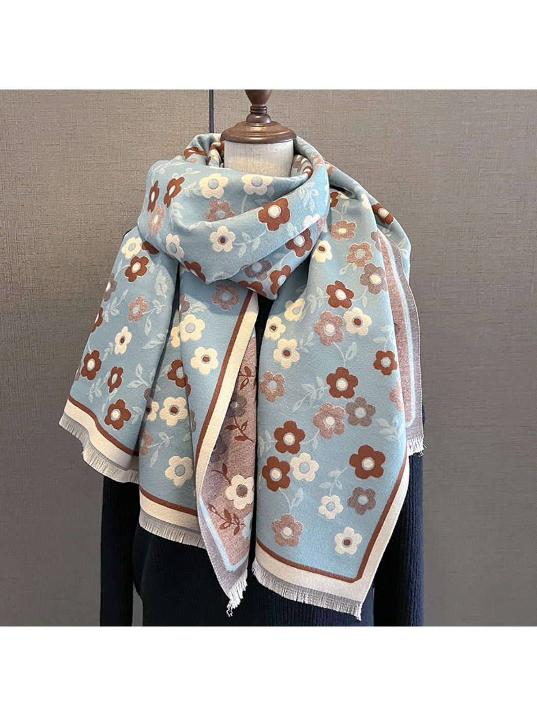 Scarvii - Retro Floral Contrast Border Fringe Scarf
