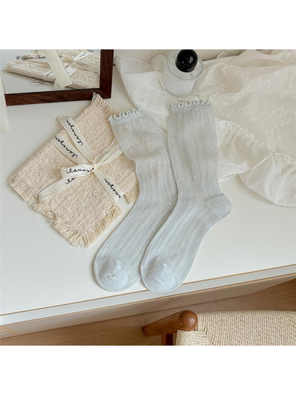 Rufia - Ruffle Trim Ribbed Solid Color Crew Socks