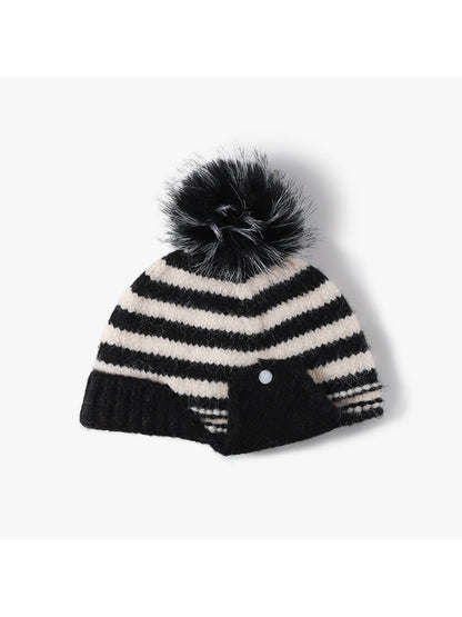 Haila - Striped Pom Ear Flap Knit Winter Hat