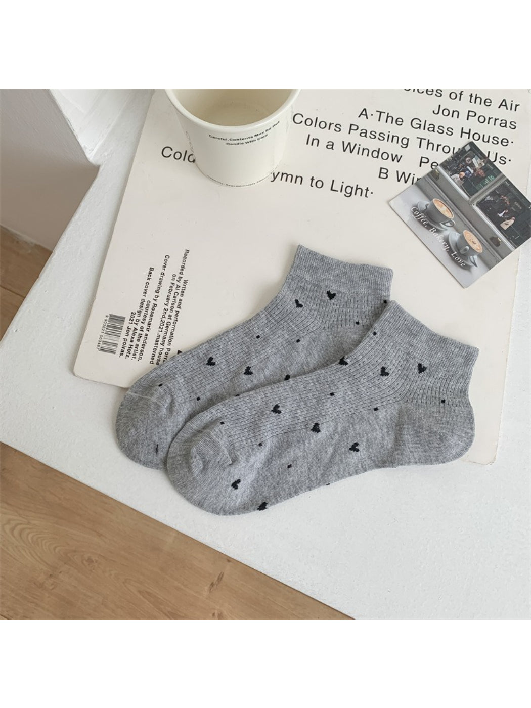 Rufia ankle socks displayed flat showing heart pattern and cuff detail