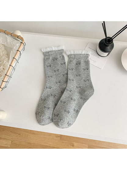 Rufia - Minimal Dog Pattern Ruffle Cuff Crew Socks