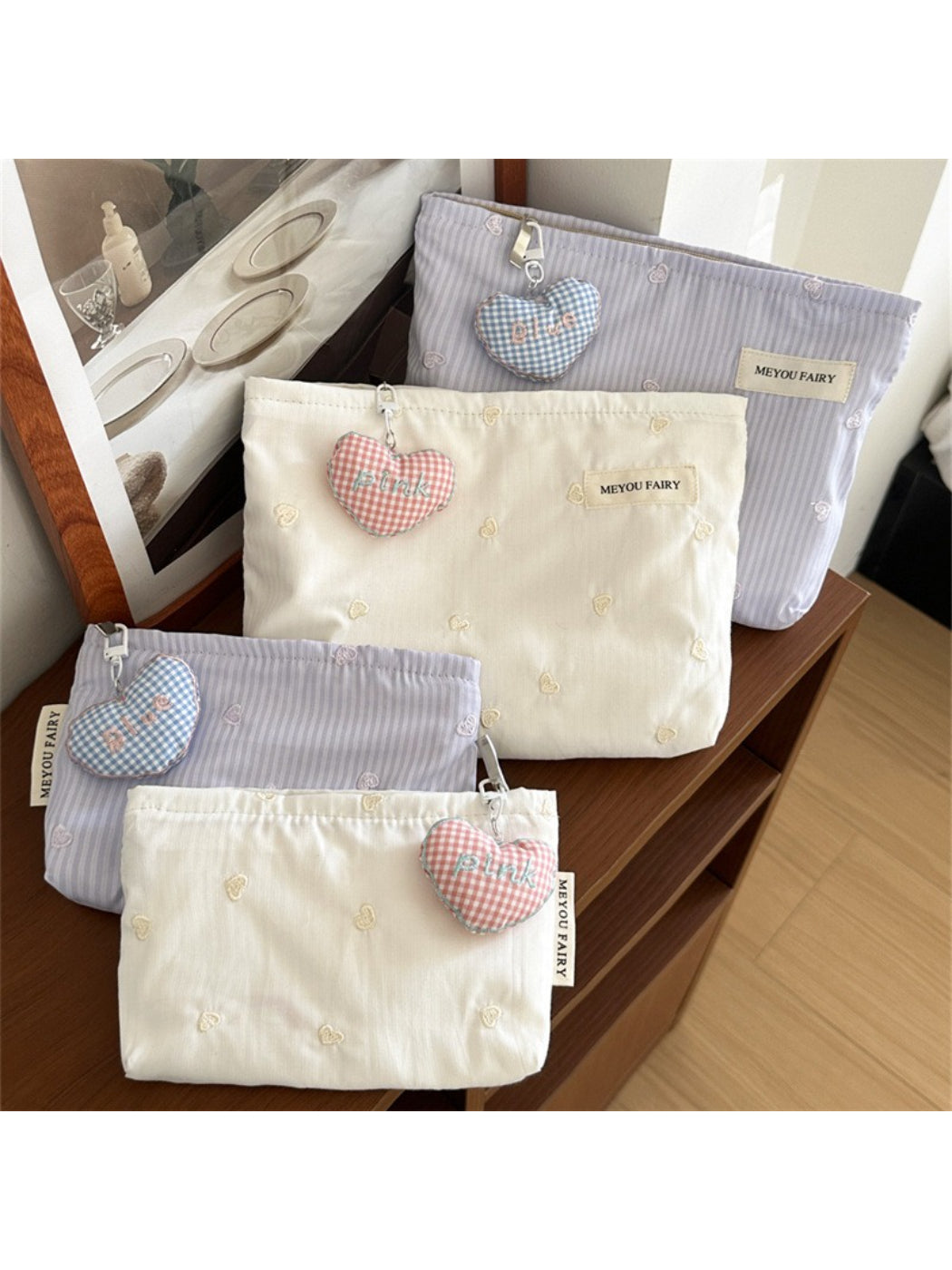 Cosbai soft cosmetic bag with pink heart pattern on light background