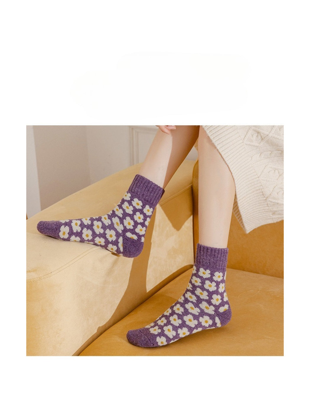 Rufia purple floral crew socks worn with skirt