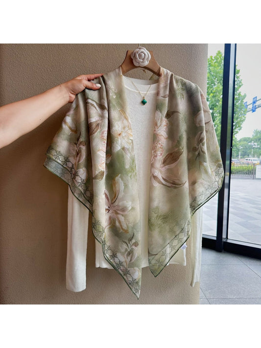 Scarvii - Fresh Green Floral Print Square Scarf