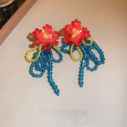 Earwish - Vintage Beaded Flower Fringe Earrings in Red & Blue