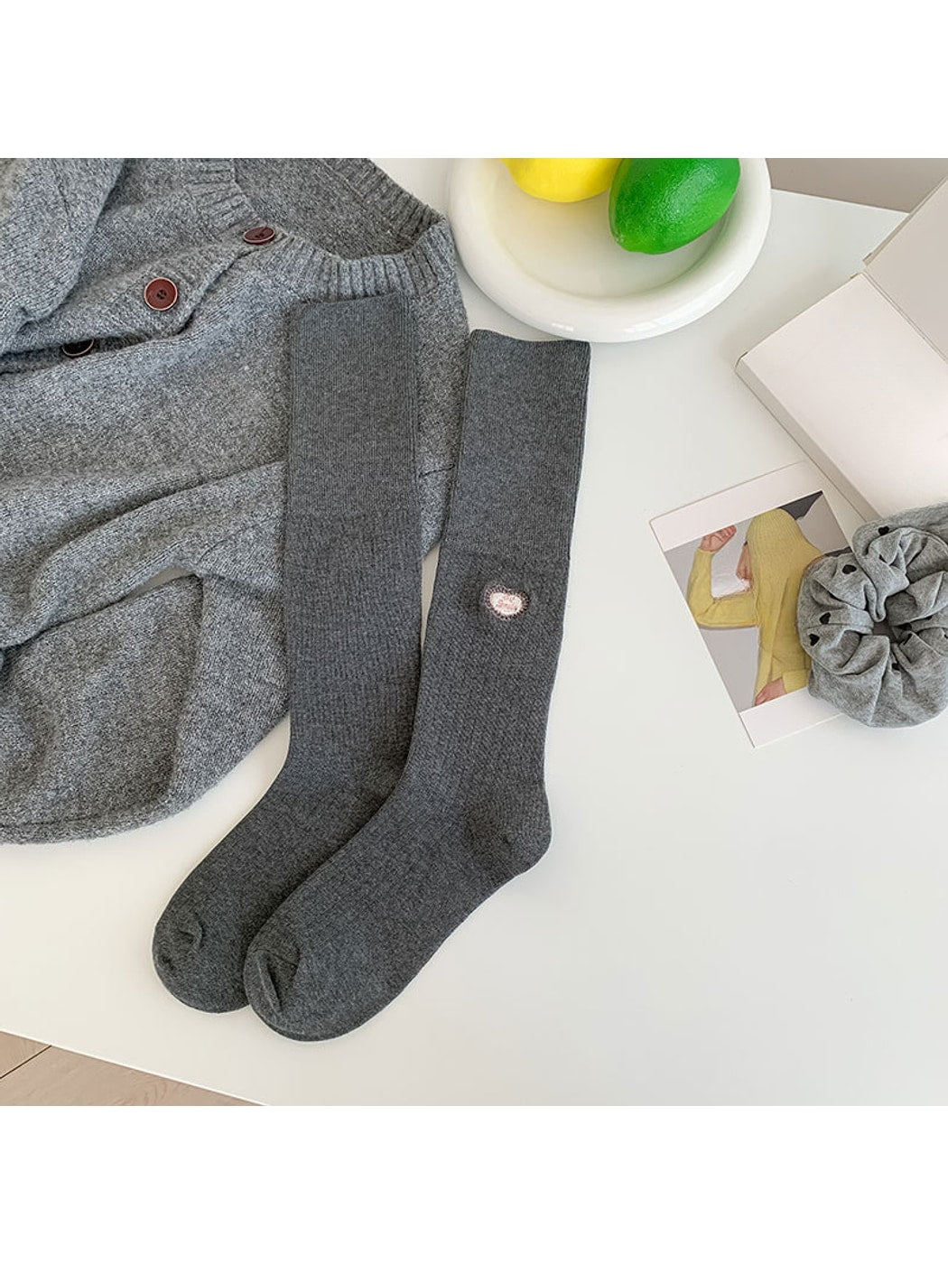 Rufia - Ribbed Heart Detail Casual Mid-Calf Socks