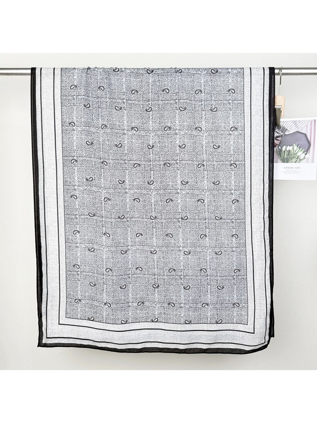 Scarvii - Leaf Print Checked Border Long Scarf