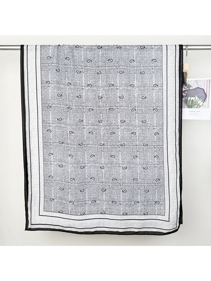 Scarvii - Leaf Print Checked Border Long Scarf