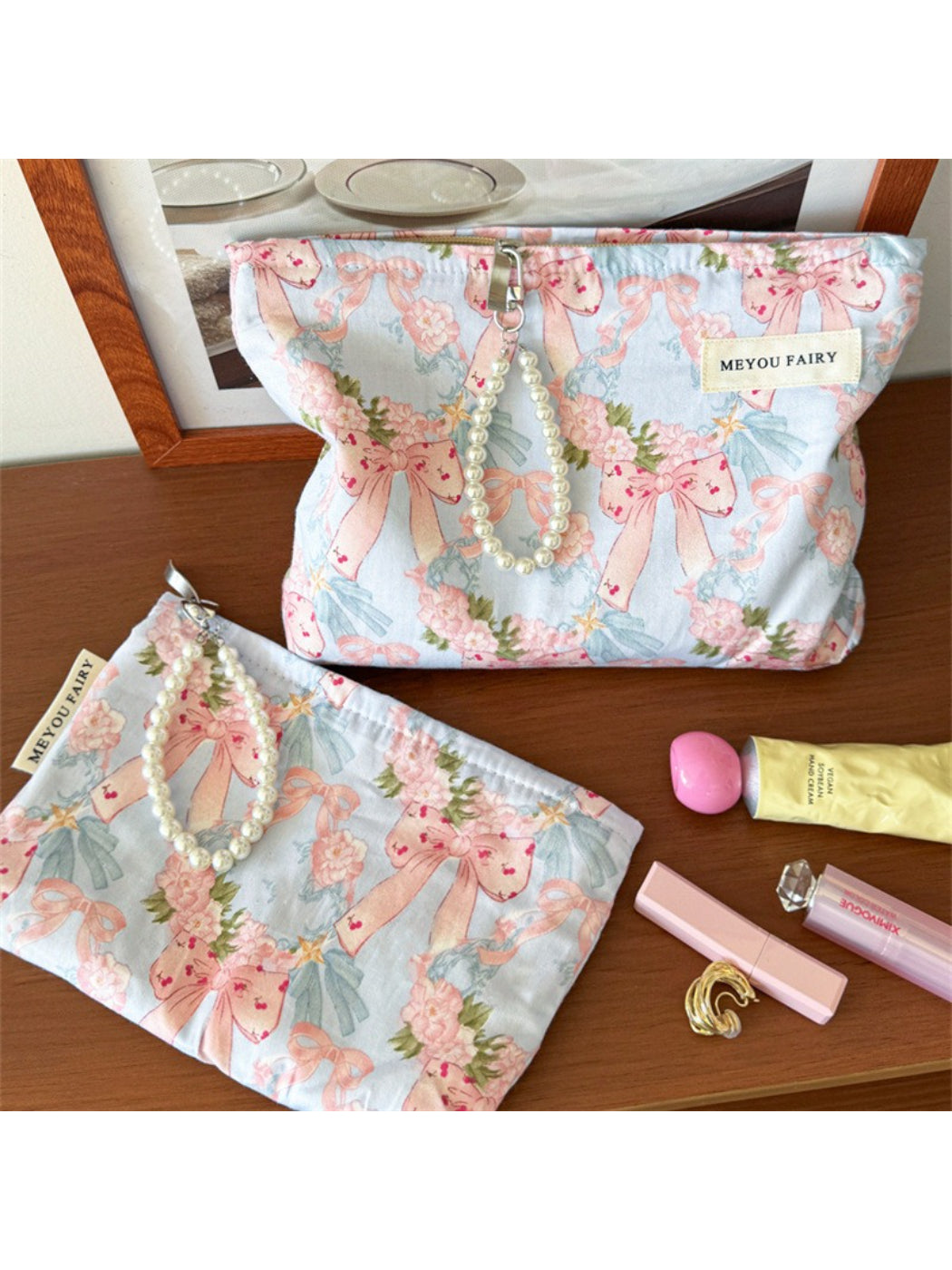 Close-up of Cosbai Bow Floral Cosmetic Bag showing floral print details