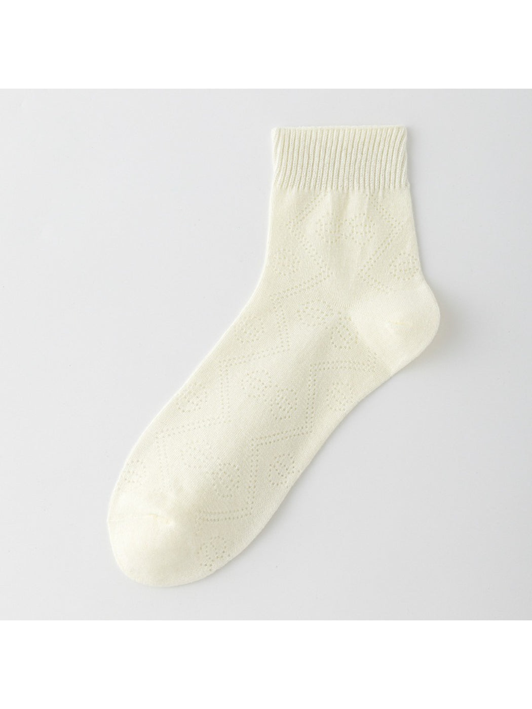 Pair of Rufia Pointelle Ribbon Crew Socks displayed flat with ribbon accents