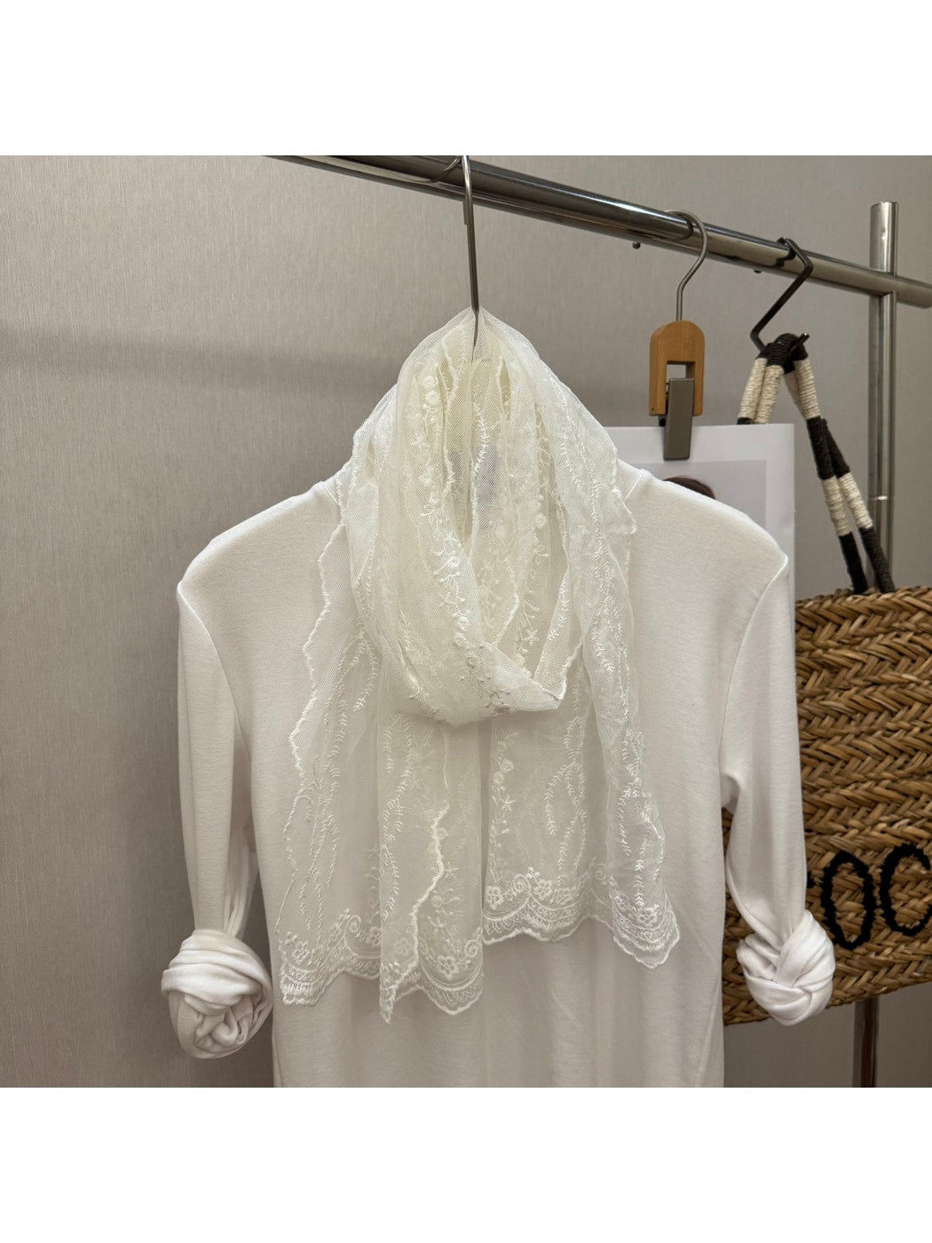 Scarvii - Floral Embroidered Lace Detail Long Scarf